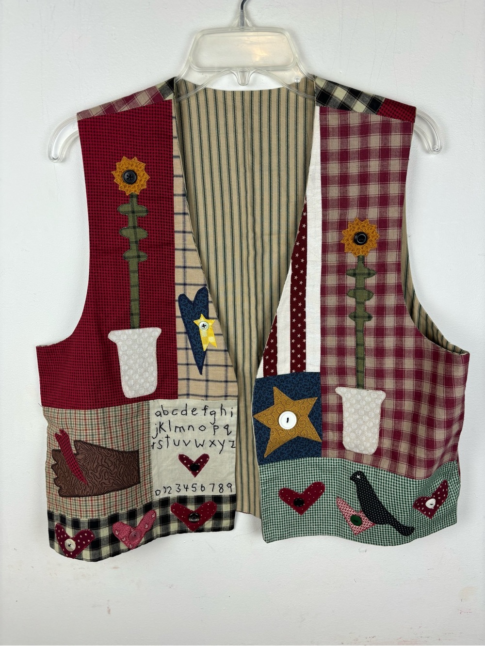 Vintage -handcrafted Patchwork Vest -Appliqué/ Plaid/Crows/Sunflowers-EUC